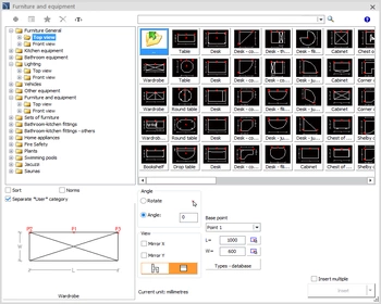 Furniture and equipment library with parametric dimensions